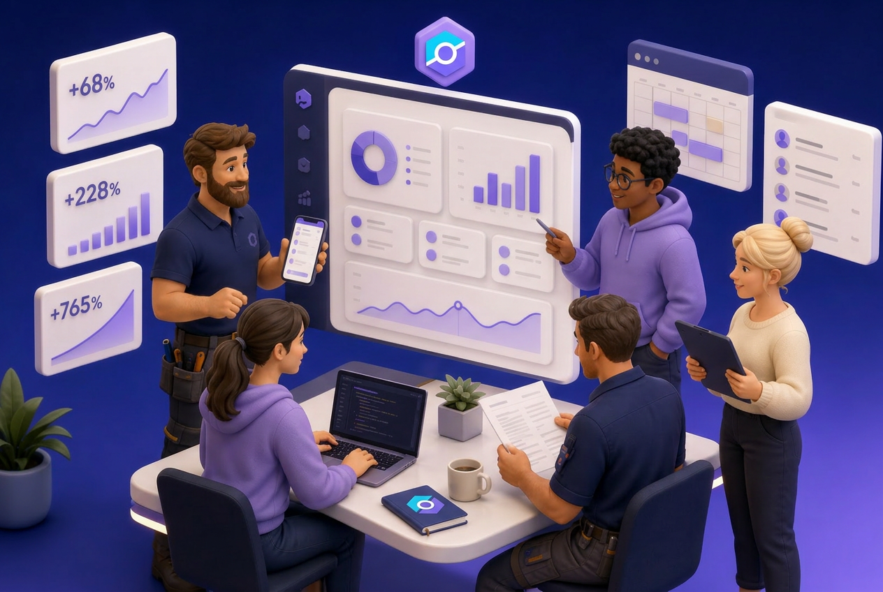 Illustration of the Checker.app team collaborating around a dashboard showing tradesmen's growth stats